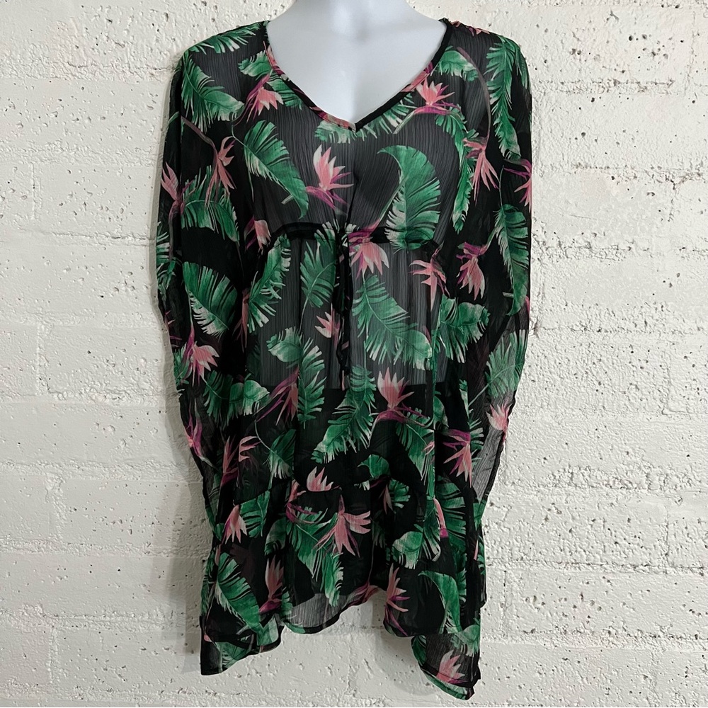Miken Swim Womens Swimsuit Cover Tunic XS Black Green Tropical Leaf Sheer F4